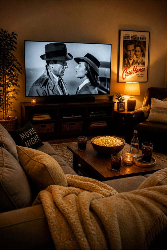 A cozy living room arranged for a movie marathon with a TV showing classic films, comfortable seating, popcorn, and warm lighting.