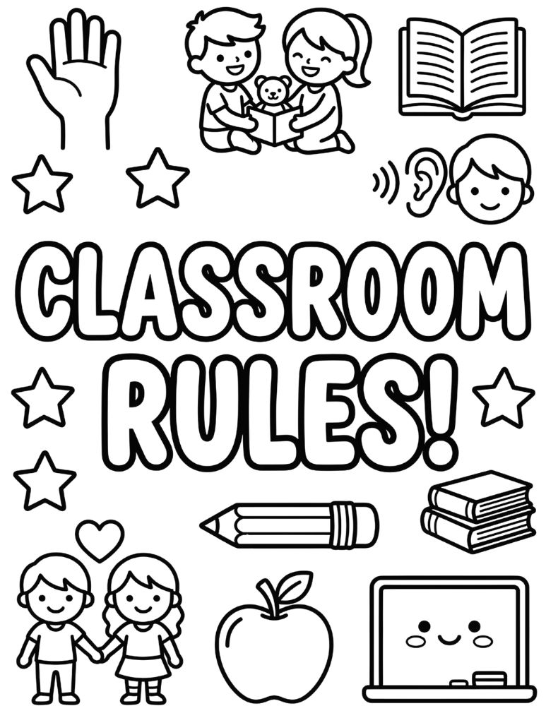 Classroom Rules coloring page with bubble letters, smiling chalkboard, books, pencils, apple, stars, and classroom icons.