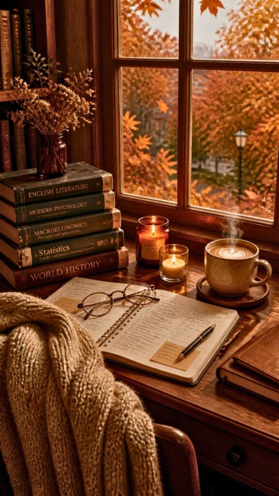 Cozy autumn study wallpaper with coffee, books, candles, sweater, and warm seasonal colors.