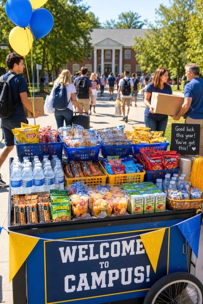 A colorful snack cart outdoors on a college campus with snacks and drinks, surrounded by students and parents during move-in day.