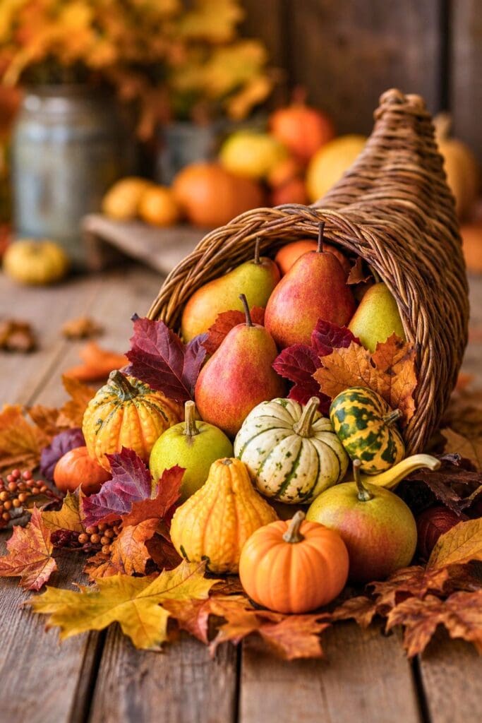 A cornucopia filled with gourds, pears, and autumn leaves on a wooden table.