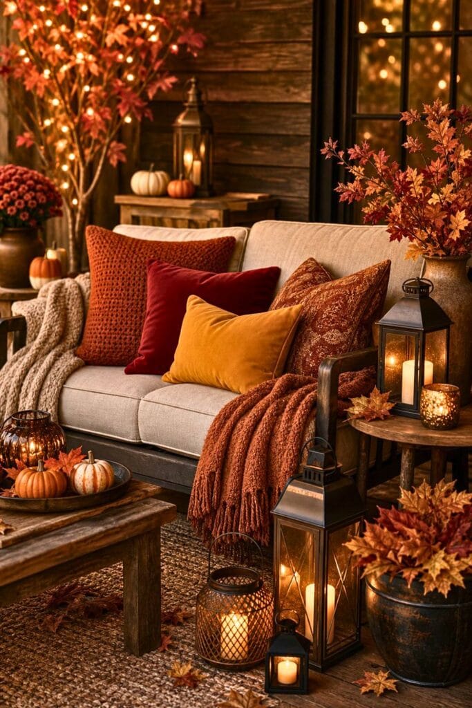 A cozy lounge corner with throw pillows and lanterns arranged for a fall party.