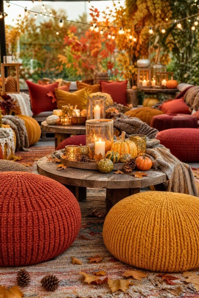A cozy fall lounge area with poufs, blankets, low tables decorated with pumpkins and candles, surrounded by autumn leaves and warm lighting.