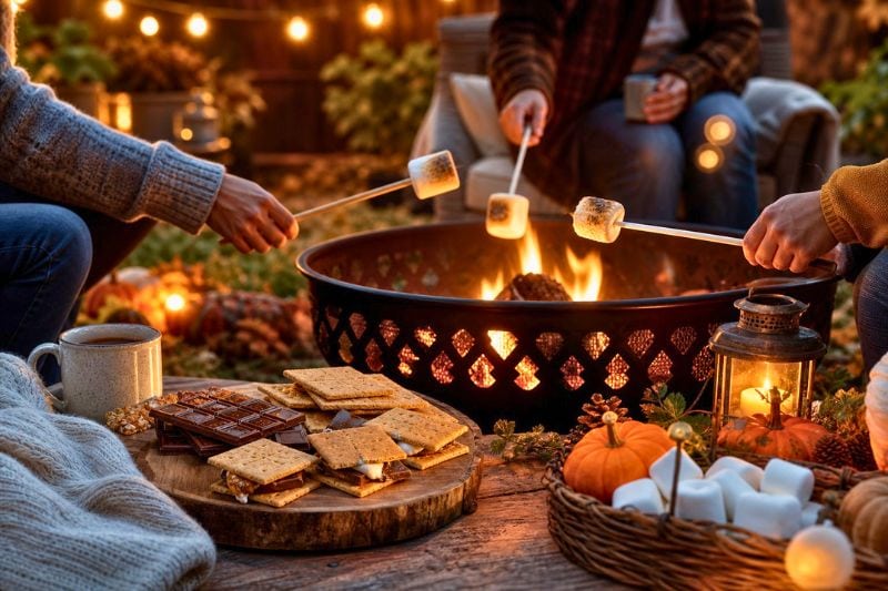 People toast marshmallows around an outdoor fire pit with s’mores ingredients, blankets, lanterns, and autumn decorations nearby.