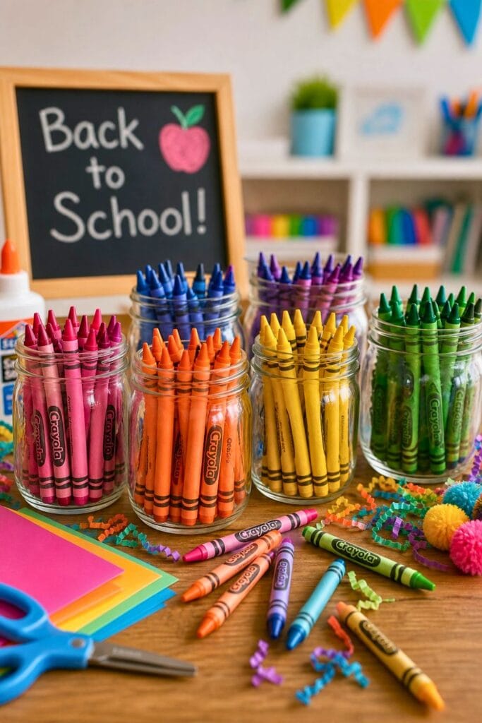 A craft table with mason jars filled with colorful crayons and scattered crayons around them.