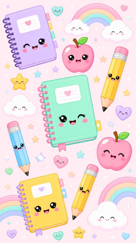 Adorable kawaii school wallpaper with smiling notebooks, pencils, apples, stars, and pastel rainbows.