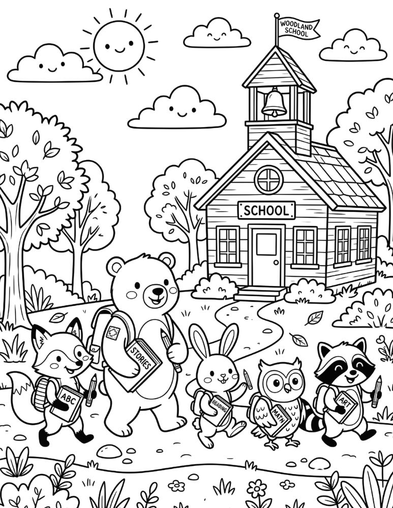 Cute school animals coloring page with a fox, bunny, bear, owl, and raccoon wearing backpacks, holding books and pencils, with apples, ABC blocks, and a schoolhouse.