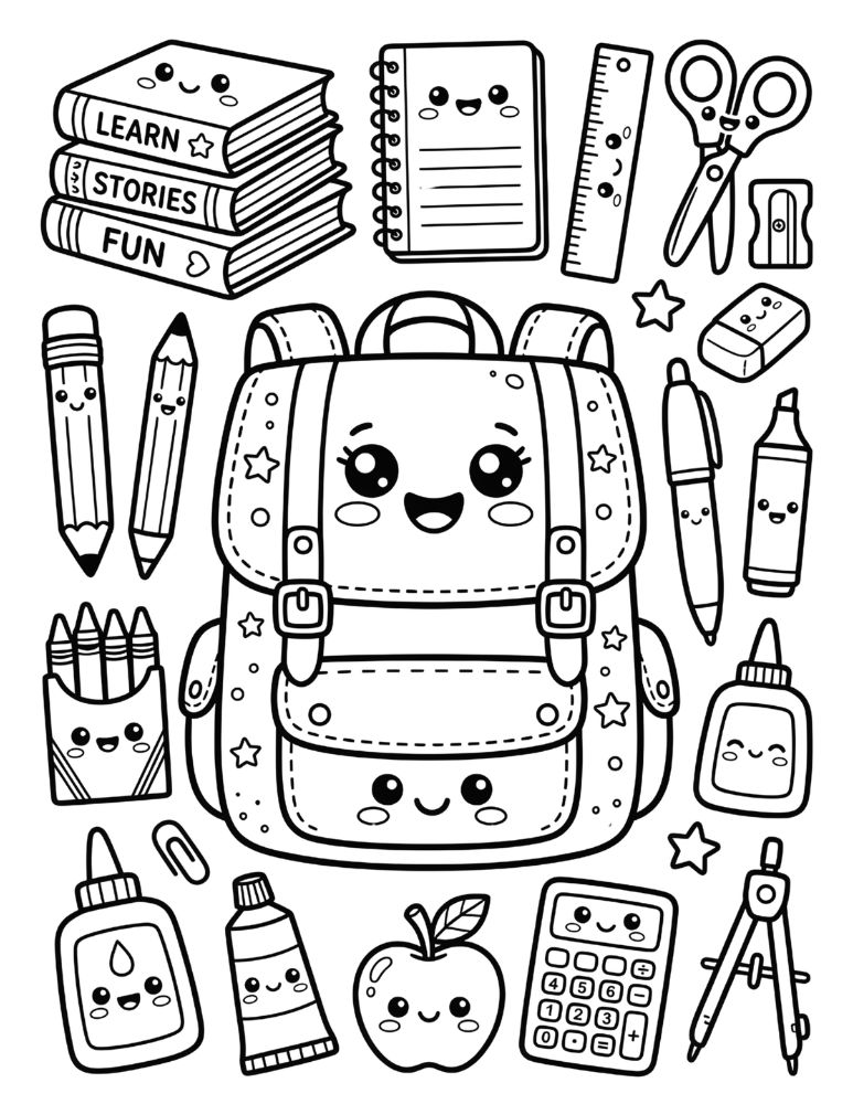 School supplies coloring page with smiling backpack, crayons, pencils, notebook, scissors, ruler, glue, and books.