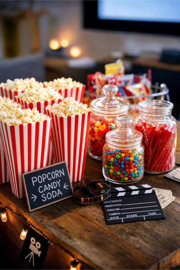 A DIY concession stand with popcorn in striped boxes and jars of colorful candy on a wooden table decorated for a movie night party.
