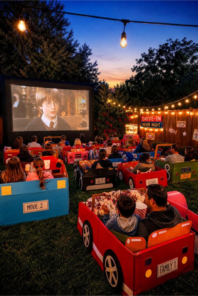 Families and friends enjoying an outdoor movie night sitting in colorful cardboard cars facing a large movie screen in a backyard.