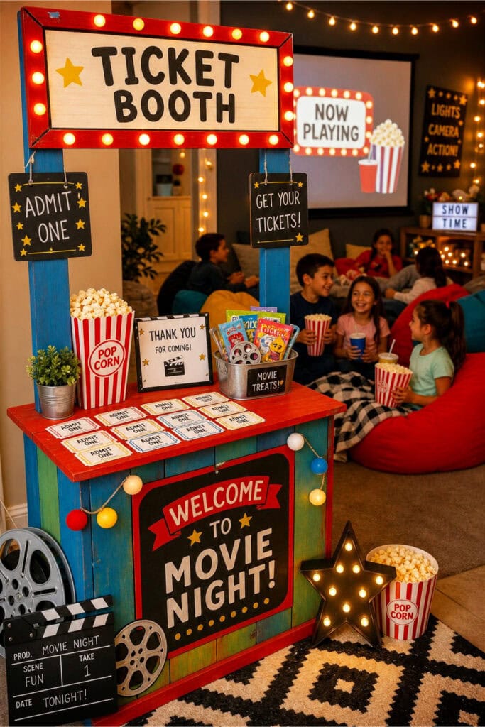 A colorful DIY movie ticket booth with printable entry tickets and children enjoying a movie night party indoors.