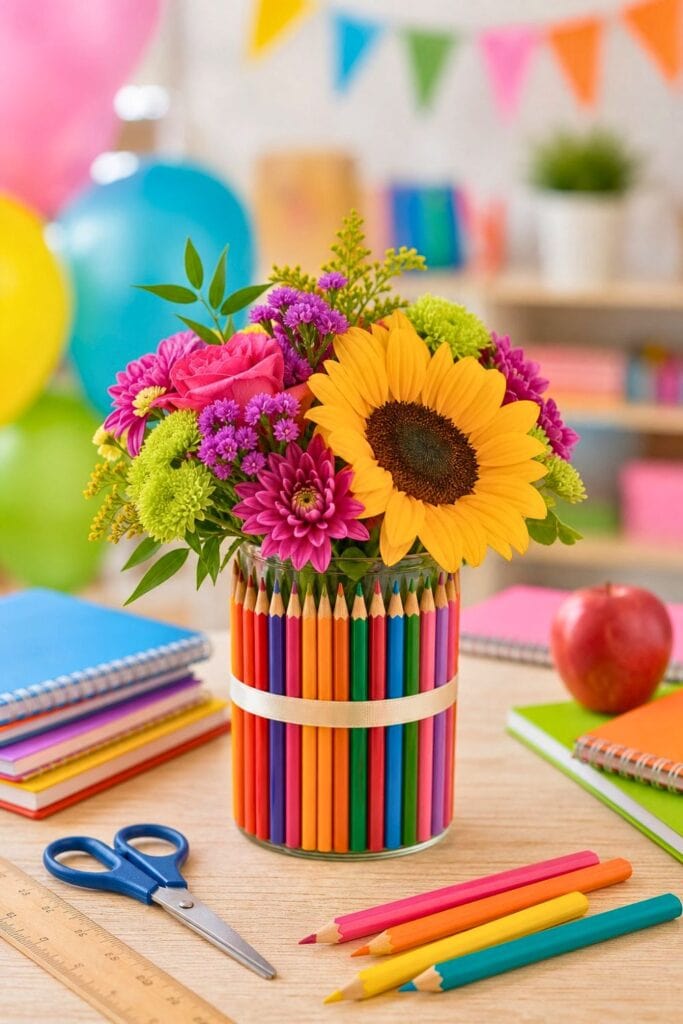 A vase made from pencils holding fresh flowers on a wooden table surrounded by school supplies.