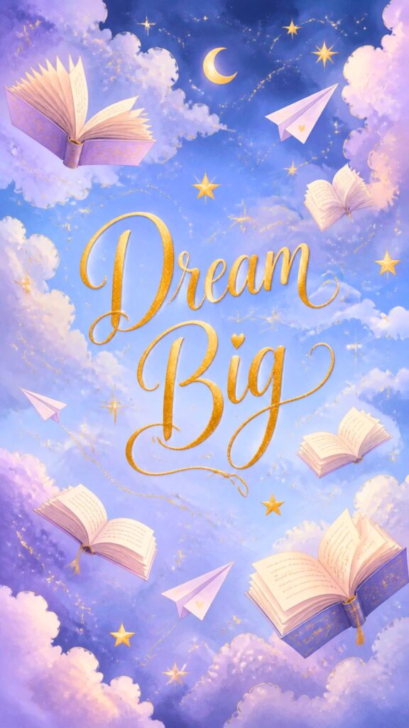 Dreamy sky wallpaper with floating books, stars, paper airplanes, and Dream Big inspirational text.