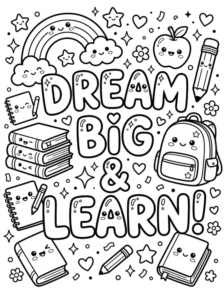 Dream Big and Learn coloring page with decorative bubble letters, books, backpack, pencils, rainbow, stars, and smiling school supplies.