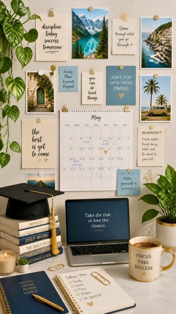 Inspirational vision board wallpaper with books, planner, laptop, graduation cap, coffee, and plants.