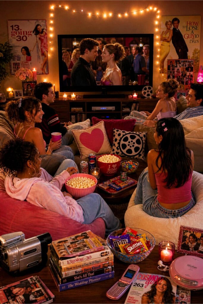 A group of friends sitting in a cozy living room decorated for a romantic comedy movie night, with snacks and soft lighting.