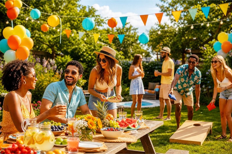 A group of friends enjoying a sunny outdoor summer party with colorful decorations and food in a backyard garden.