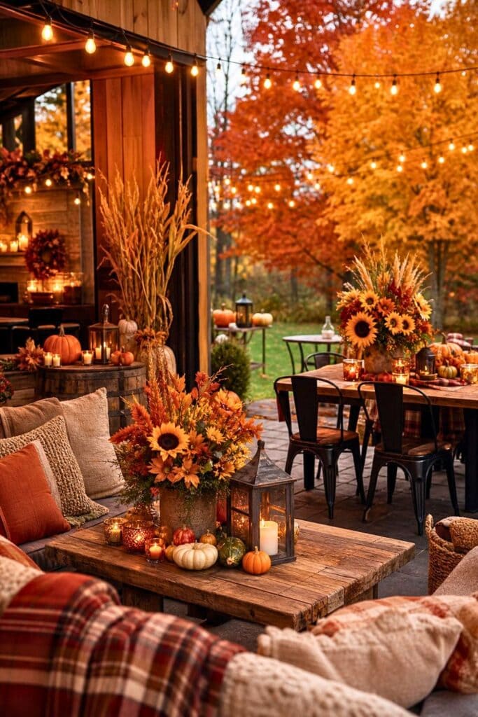 A cozy fall party setup with pumpkins, candles, string lights, and colorful autumn leaves arranged on tables both indoors and outdoors.