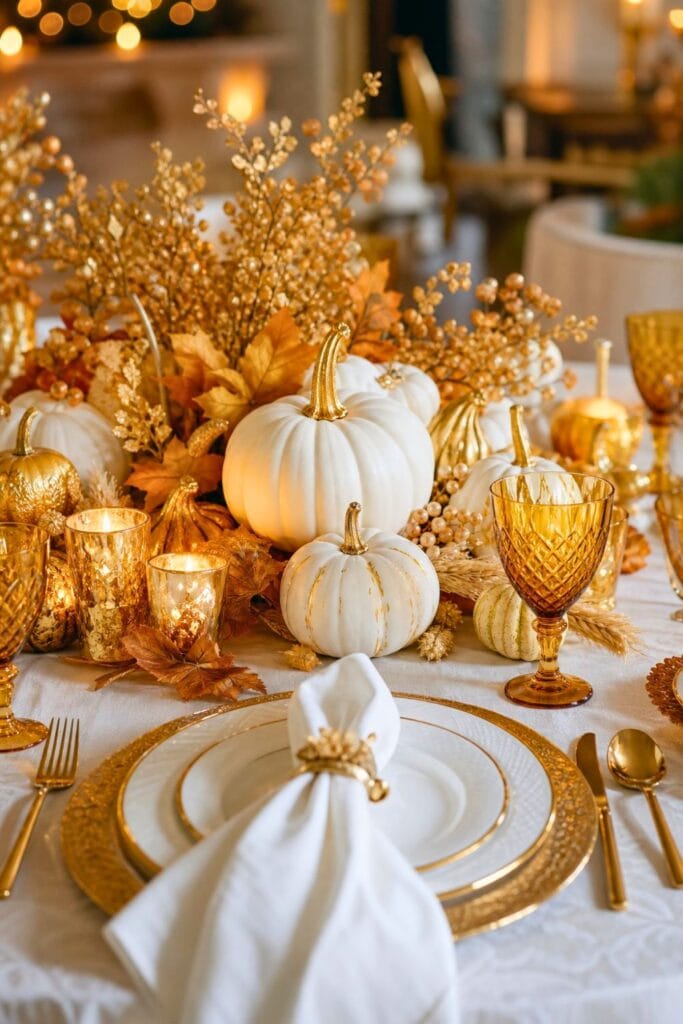 A fall table setting with white pumpkins, gold plates and flatware, candles, and autumn decorations.
