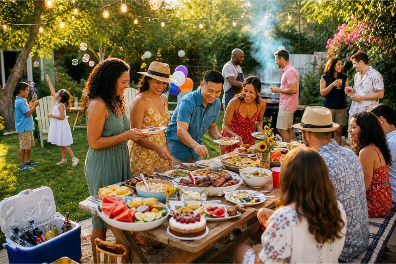 People enjoying a backyard BBQ potluck with food on a picnic table and a grill in the background.