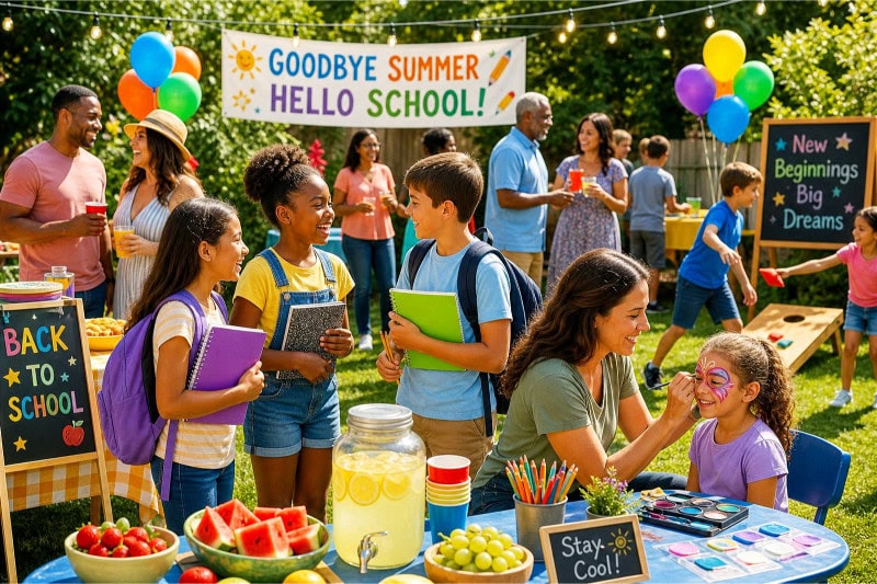 Outdoor summer party with adults and children celebrating the end of summer and back-to-school season, featuring colorful decorations and people enjoying food and games.