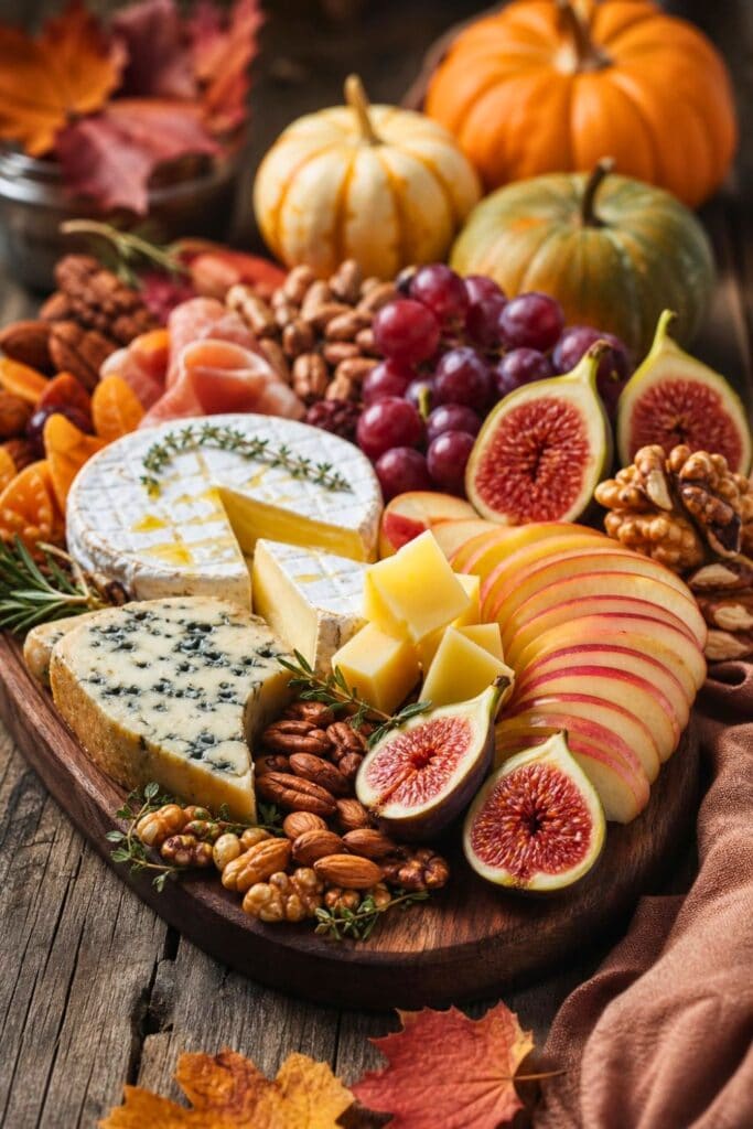 A fall charcuterie board with cheeses, figs, apple slices, and nuts arranged on a wooden table with autumn leaves and small pumpkins nearby.