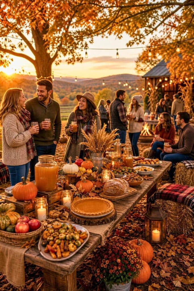 Outdoor fall harvest party with decorated wooden table, pumpkins, autumn leaves, guests enjoying food and drinks, and warm sunlight filtering through trees.