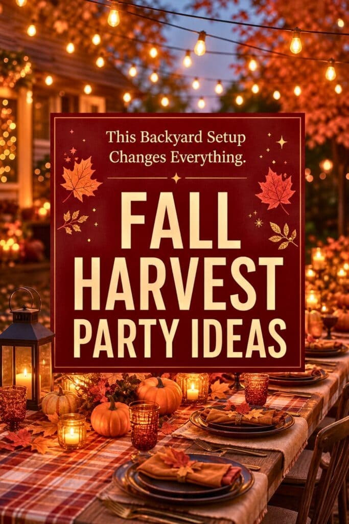 A glowing backyard fall dinner scene at dusk with warm Edison string lights overhead, a long rustic table with plaid tablecloth, mini pumpkins, amber glassware, and soft candlelight. In the center, a bold rectangular overlay block in deep burgundy. Large uppercase sans-serif text reads: FALL HARVEST PARTY IDEAS. At the top, smaller curiosity-driven text reads: “This Backyard Setup Changes Everything.