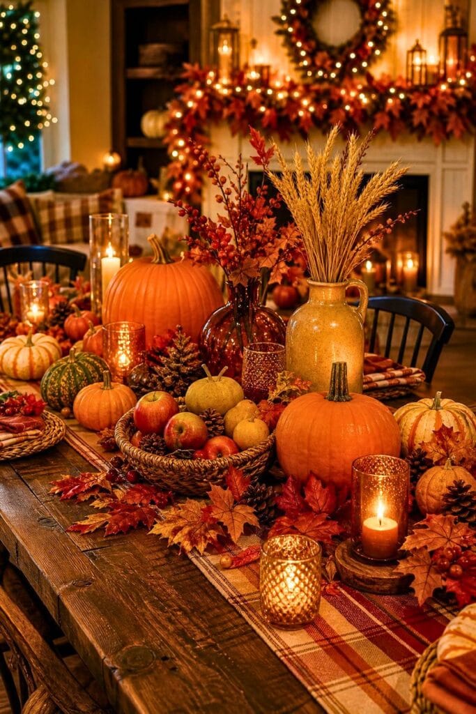 A cozy indoor fall party scene with pumpkins, candles, autumn leaves, and seasonal decorations on a wooden table.