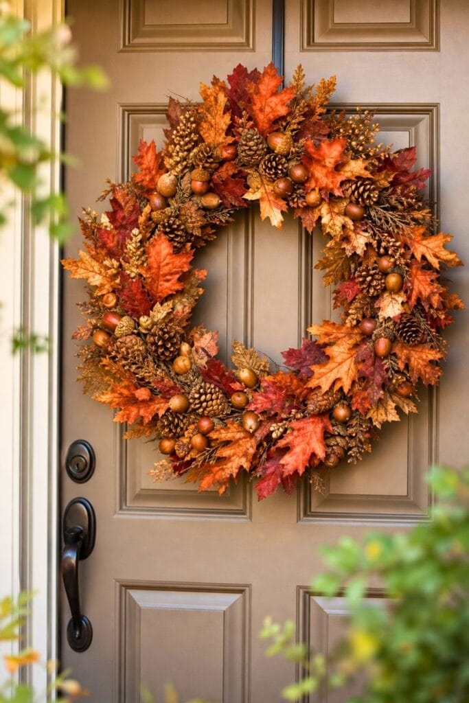A fall wreath decorated with acorns and dried leaves hanging on a front door.