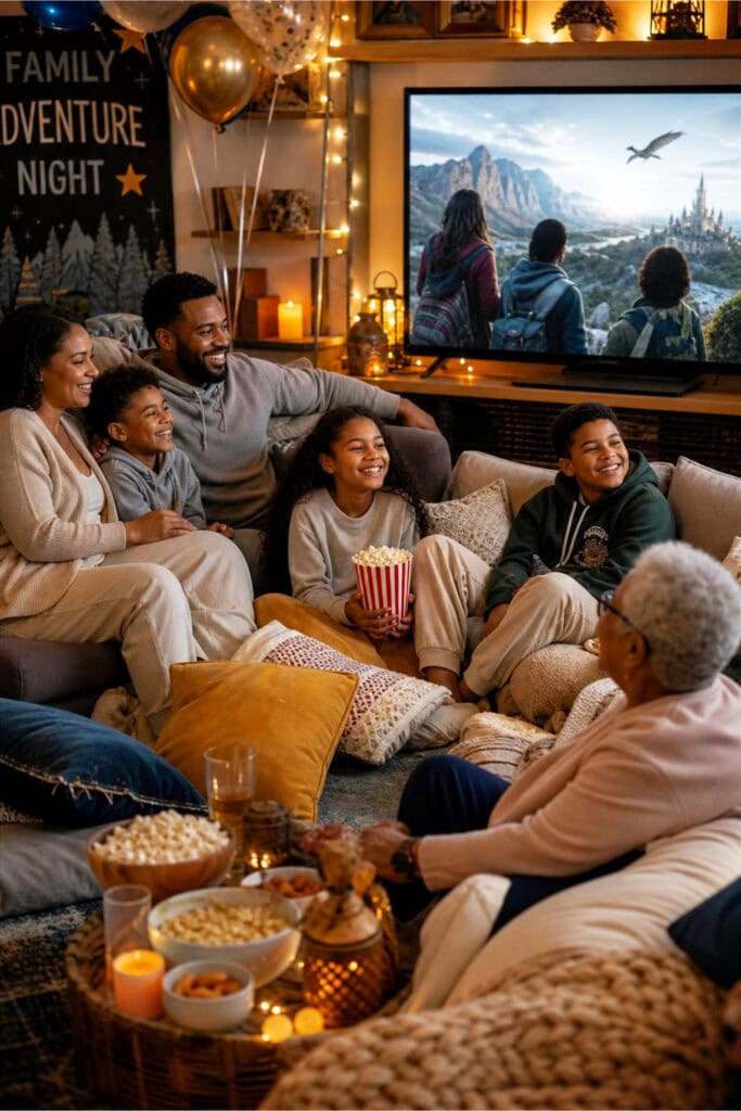 A family gathered in a living room enjoying a movie night with snacks and cozy blankets.
