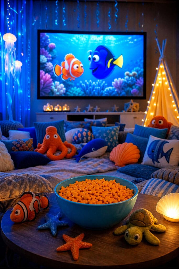 A cozy children's movie night setup with blue streamers and a bowl of goldfish crackers on a table surrounded by pillows and blankets.