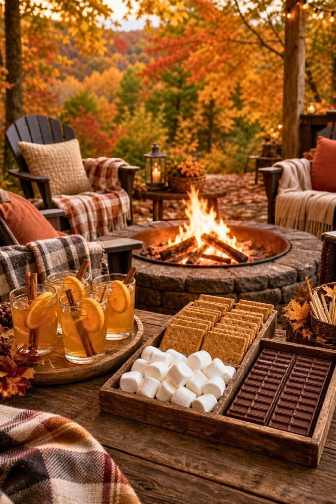 Outdoor fire pit area with throw blankets on chairs, glasses of spiked cider, and s'mores kits on a wooden table surrounded by autumn leaves.