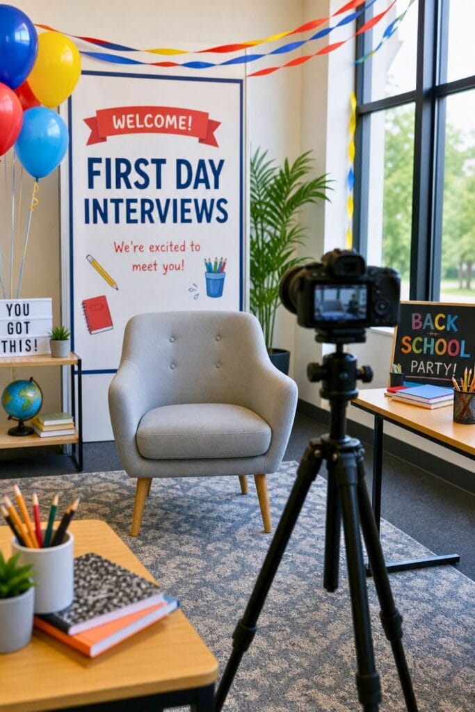 A video interview booth decorated with colorful balloons and school supplies, featuring a chair and camera in a bright, inviting room.