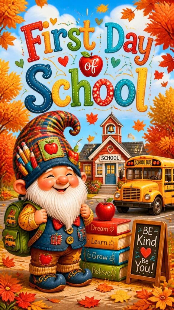 Cute first day of school phone wallpaper featuring a smiling school gnome with books, backpack, school bus, and colorful autumn decorations.