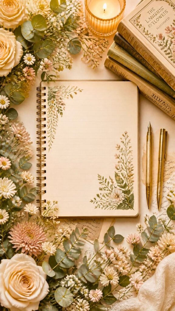 Elegant floral academic wallpaper with vintage books, notebook, flowers, and gold stationery.