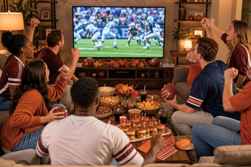 Friends cheering together while watching a football match at a festive party.
