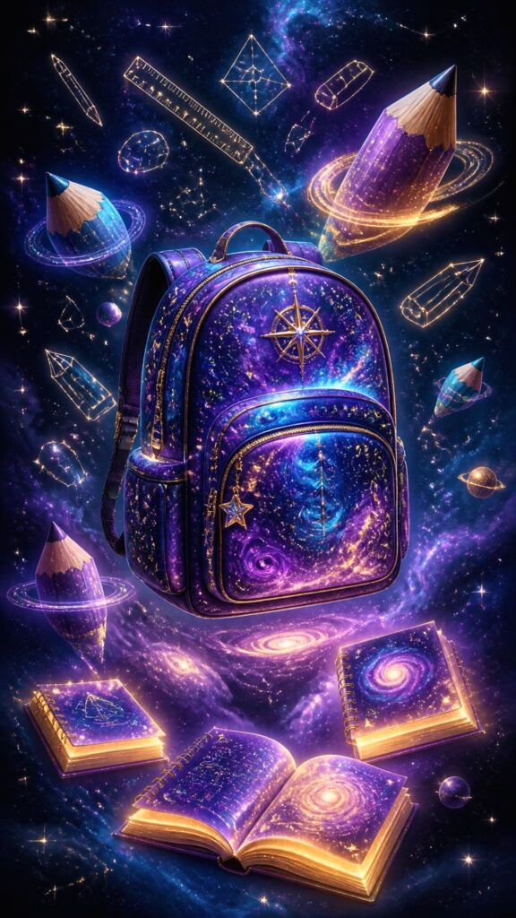 Fantasy galaxy student wallpaper with floating backpack, glowing notebooks, planets, and stars.