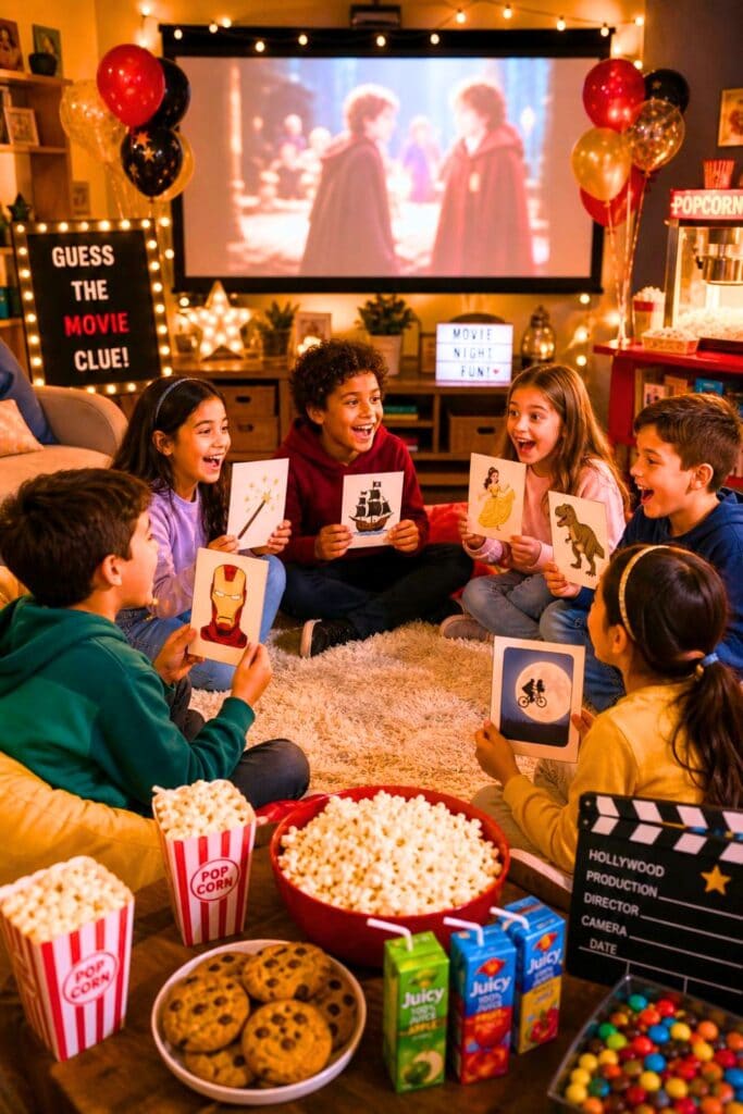 Children sitting on a rug playing a guessing game with movie clue cards during a decorated movie night party indoors.