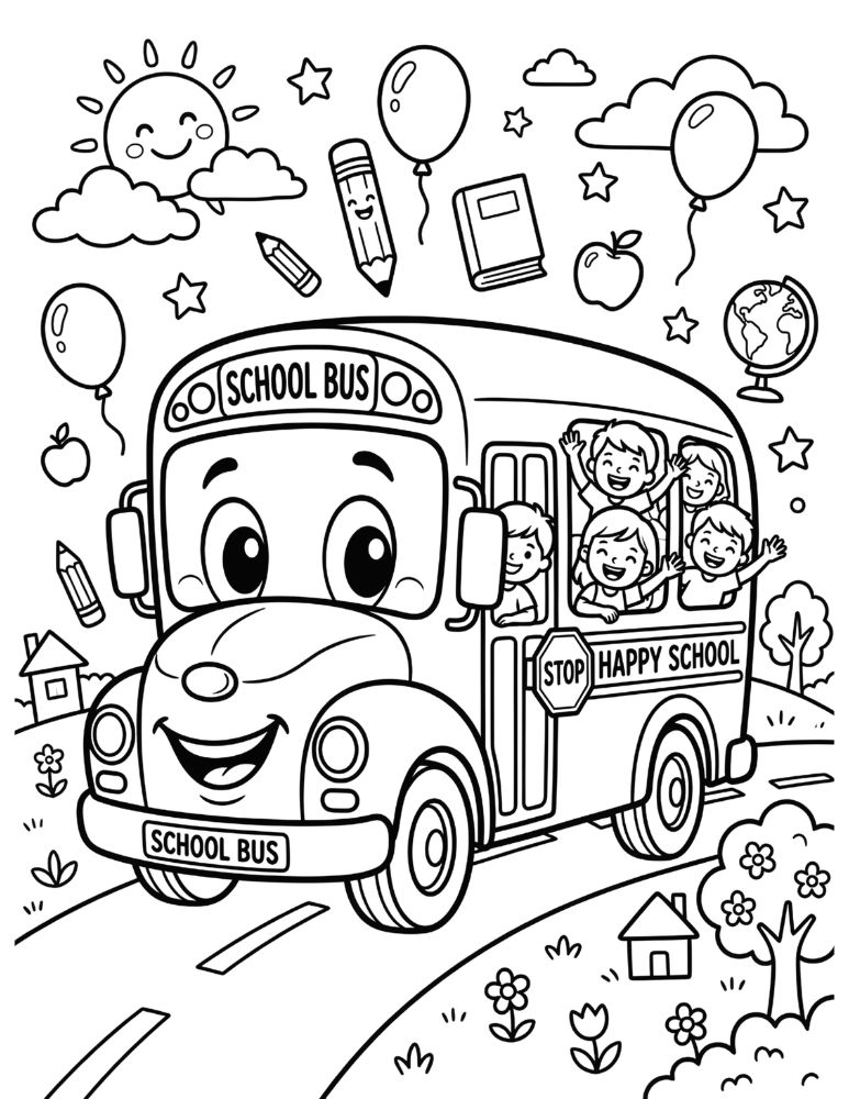 Happy school bus coloring page with smiling bus, children, balloons, sunshine, books, and apples.