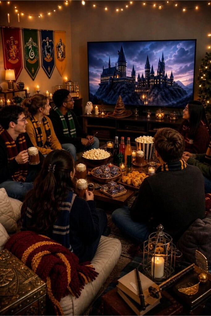 A group of friends gathered in a living room decorated with Harry Potter-themed items, enjoying snacks and watching a movie on a large TV.