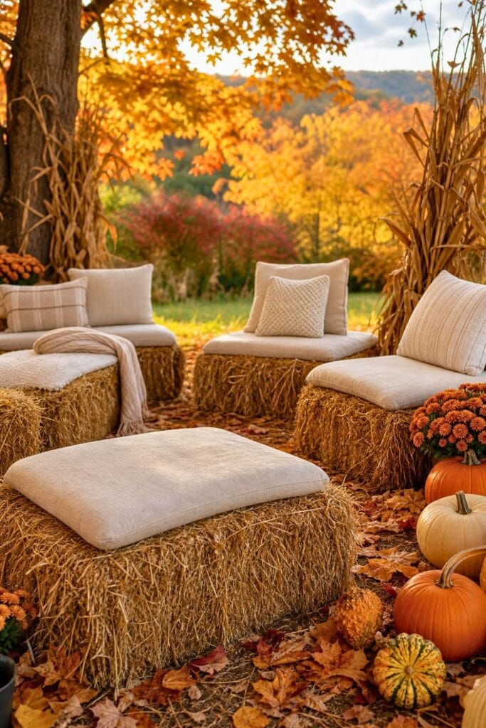 Outdoor fall party setup with hay bale seating topped with neutral cushions surrounded by pumpkins and autumn leaves.
