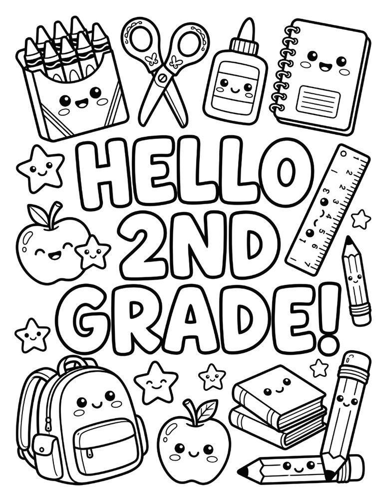 Hello 2nd Grade coloring page with bubble letters, smiling school supplies, books, stars, and backpack.
