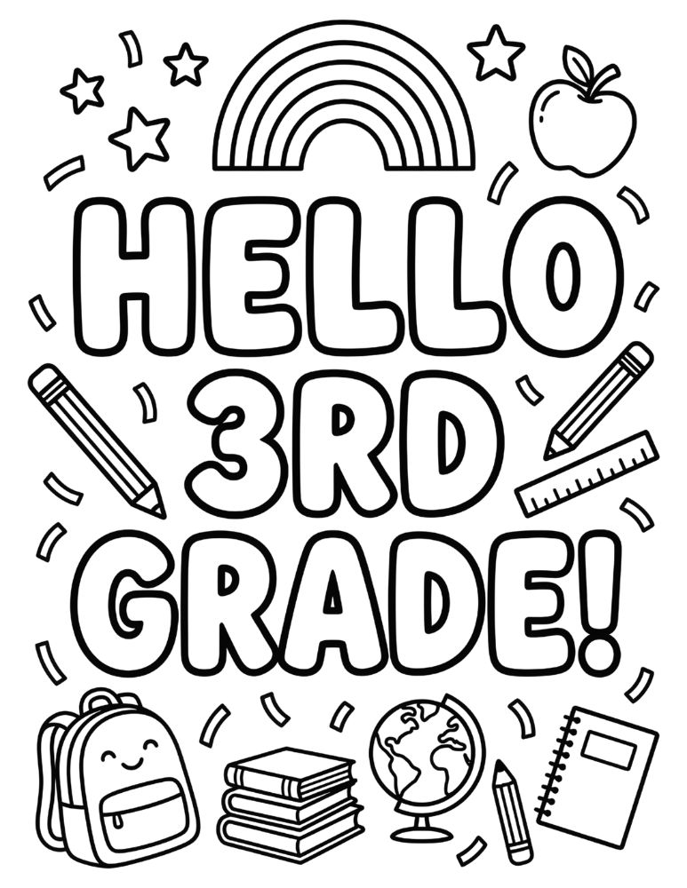 Hello 3rd Grade coloring page with bubble letters, backpack, books, globe, rainbow, and school supplies.