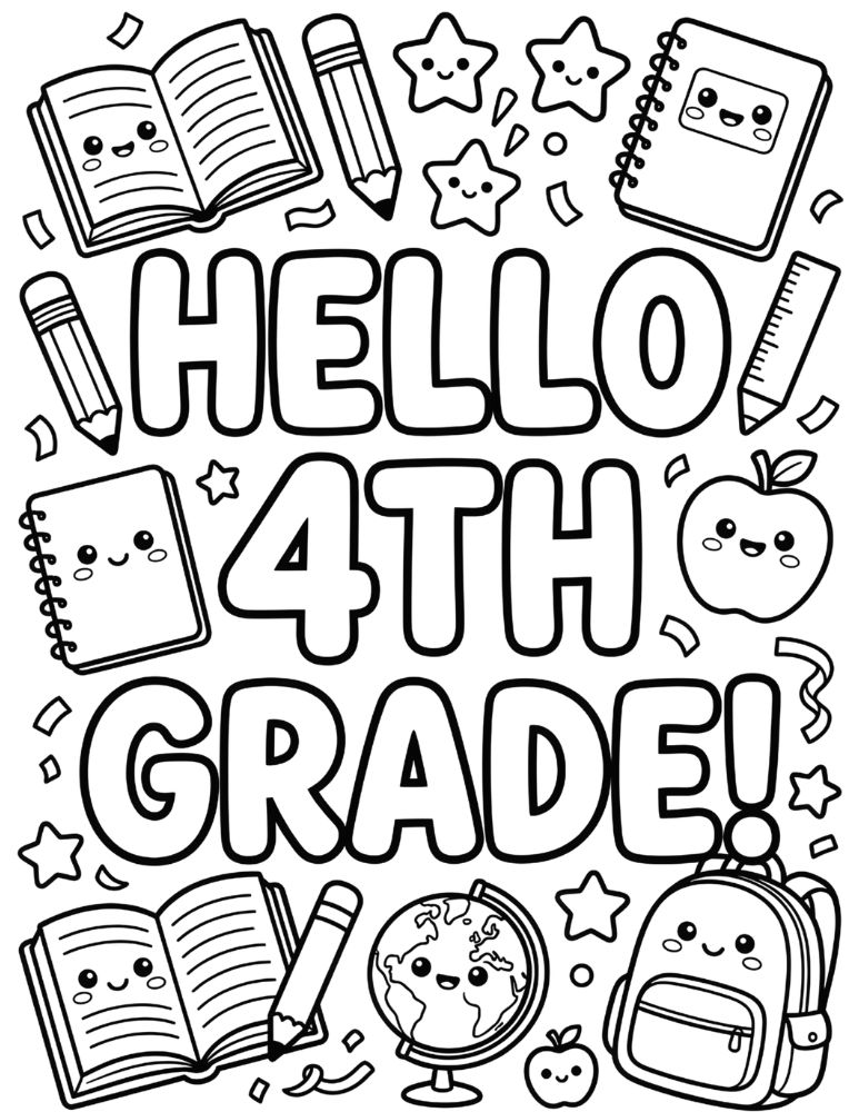 Hello 4th Grade coloring page with bubble letters, smiling books, backpack, pencils, globe, stars, and apple.