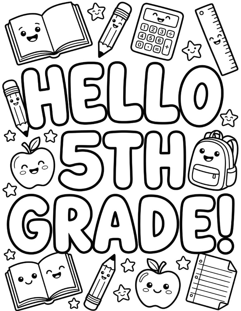 Hello 5th Grade coloring page with bubble letters, school supplies, books, calculator, backpack, ruler, and stars.