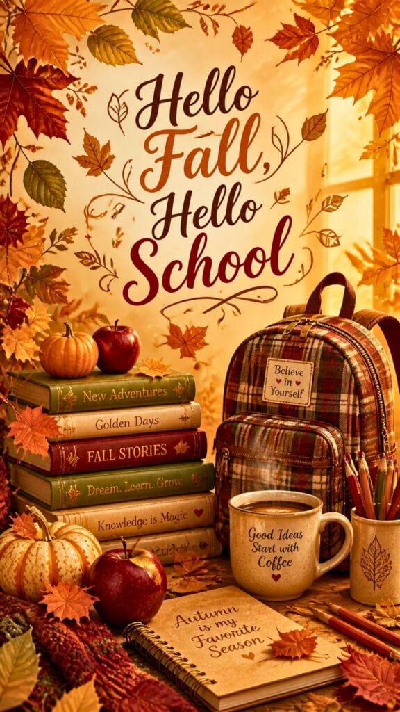 Cozy autumn phone wallpaper with pumpkins, apples, books, falling leaves, and Hello Fall Hello School lettering.