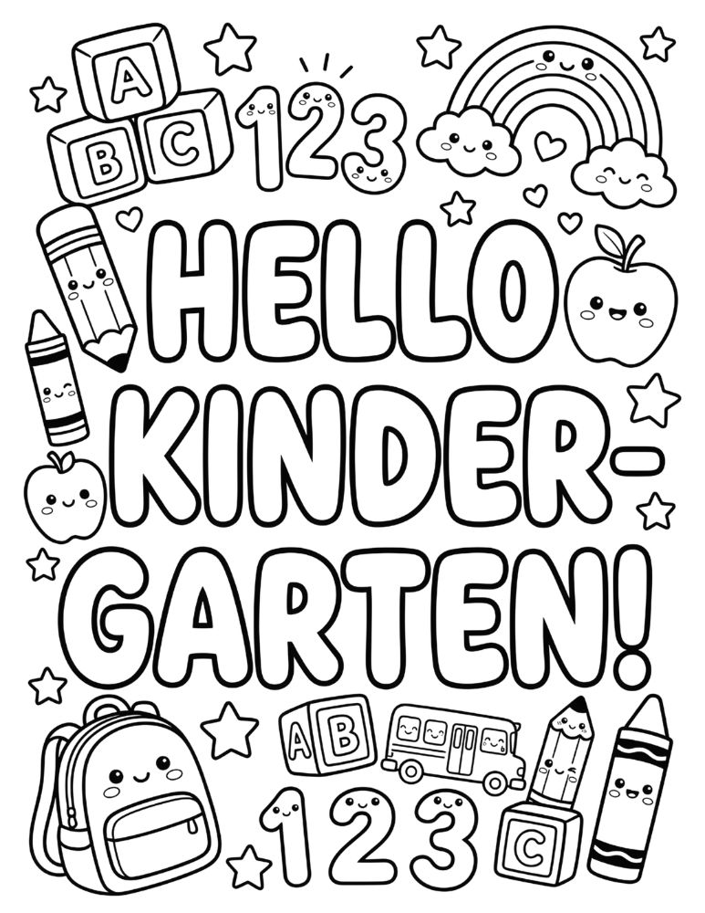 Hello Kindergarten coloring page with bubble letters, crayons, pencils, school bus, rainbow, and apple.