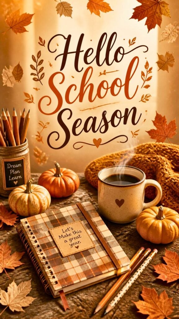Cozy fall school wallpaper with pumpkins, plaid notebook, pencils, autumn leaves, and Hello School Season text.
