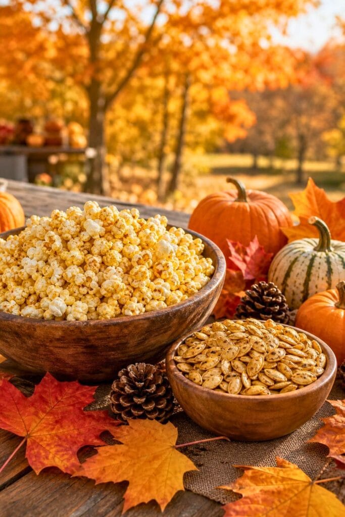 A snack table with homemade kettle corn and roasted pumpkin seeds surrounded by small pumpkins and fall leaves outdoors.